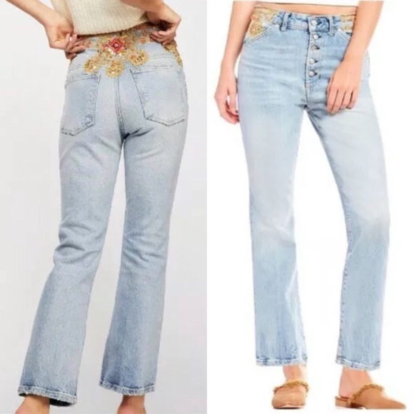 Free People blue novelty embellished blue jeans 24 - Picture 2 of 8
